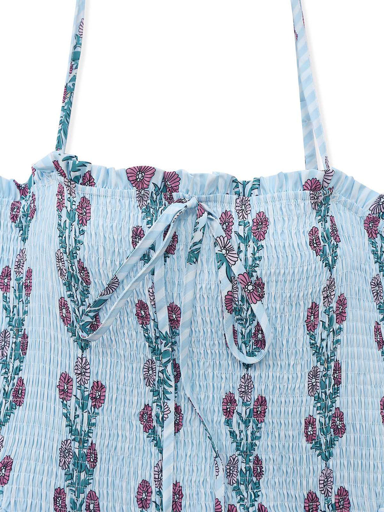 1940er Gänseblümchen Netz Patchwork Gesmokt Kleid