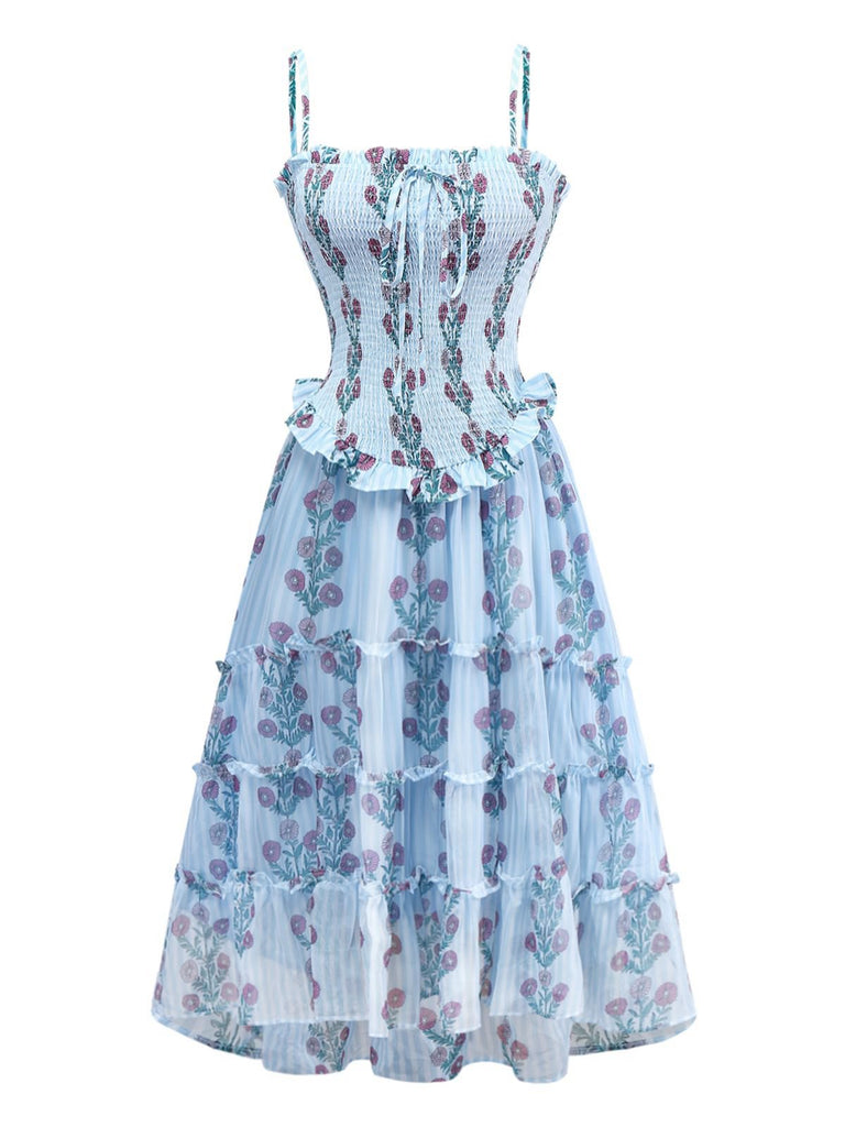 1940er Gänseblümchen Netz Patchwork Gesmokt Kleid