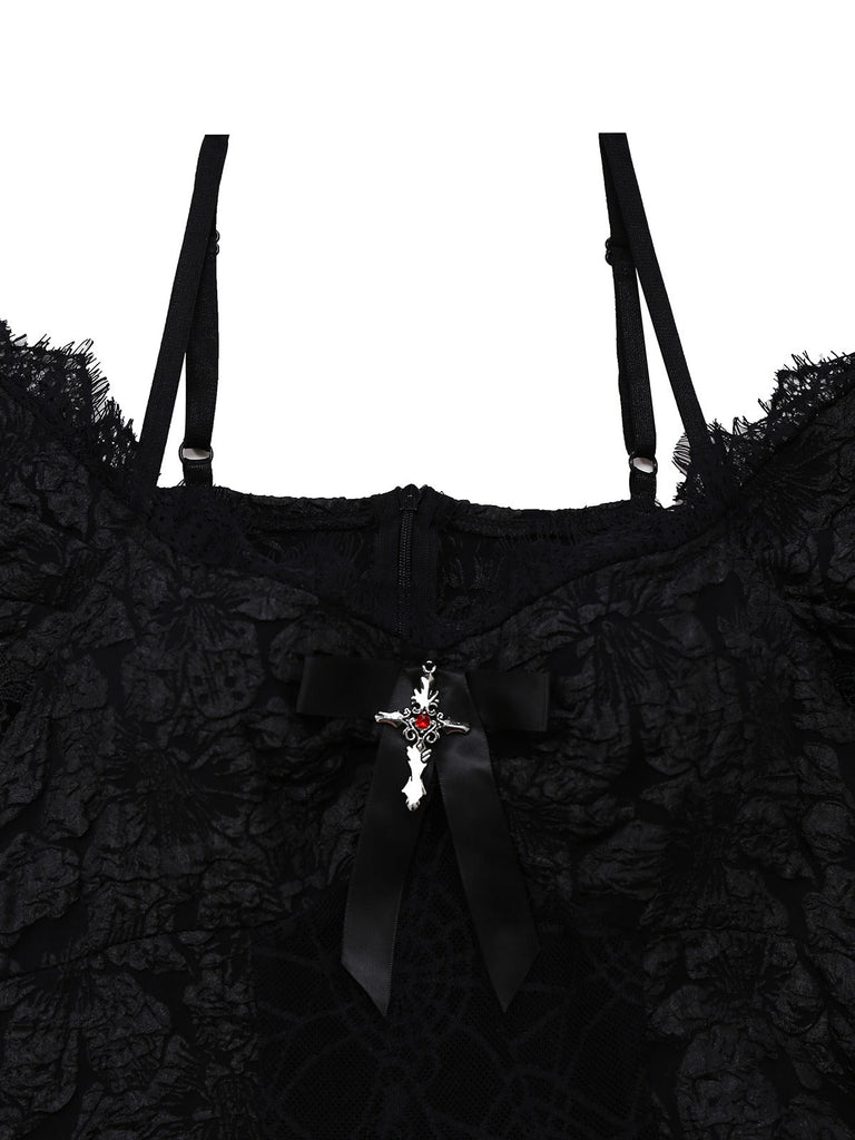 1950er Gothic Halloween Spinnennetz & Kreuz Strukturiert Kleid