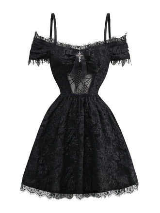 1950er Gothic Halloween Spinnennetz & Kreuz Strukturiert Kleid