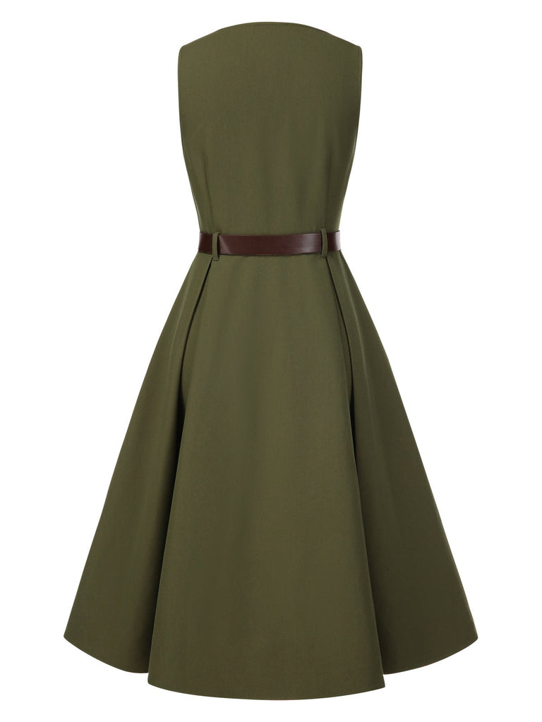 Grün 1950er V-Ausschnitt Taschen Gürtel Weste Kleid