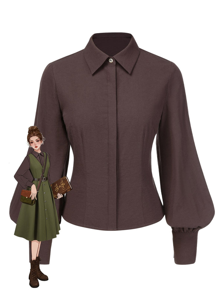 Braun 1950er Solide Laternenhülle Revers Bluse