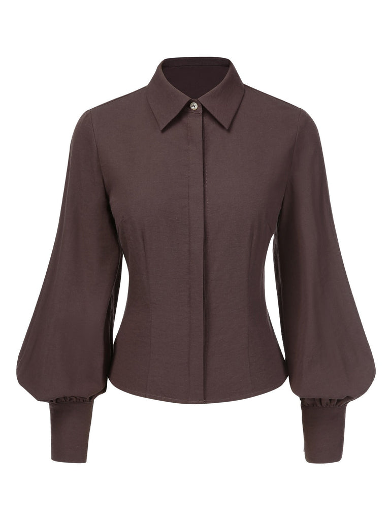 Braun 1950er Solide Laternenhülle Revers Bluse