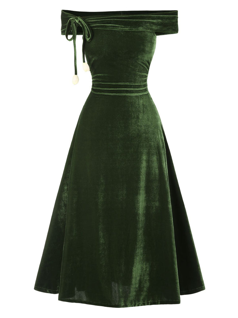 [Vorverkauf] Grün 1940er Samt Gerüscht Schulterfrei Bardot Kleid