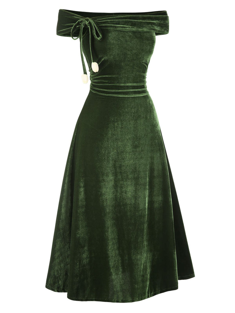 [Vorverkauf] Grün 1940er Samt Gerüscht Schulterfrei Bardot Kleid