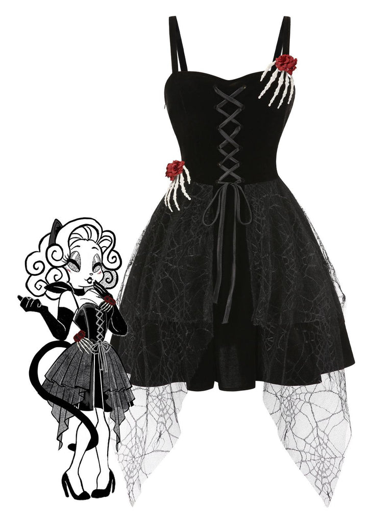 Schwarz 1950er Halloween Skeletthand Spinnennetz Rose Kleid