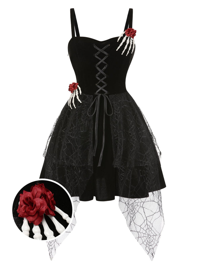 Schwarz 1950er Halloween Skeletthand Spinnennetz Rose Kleid