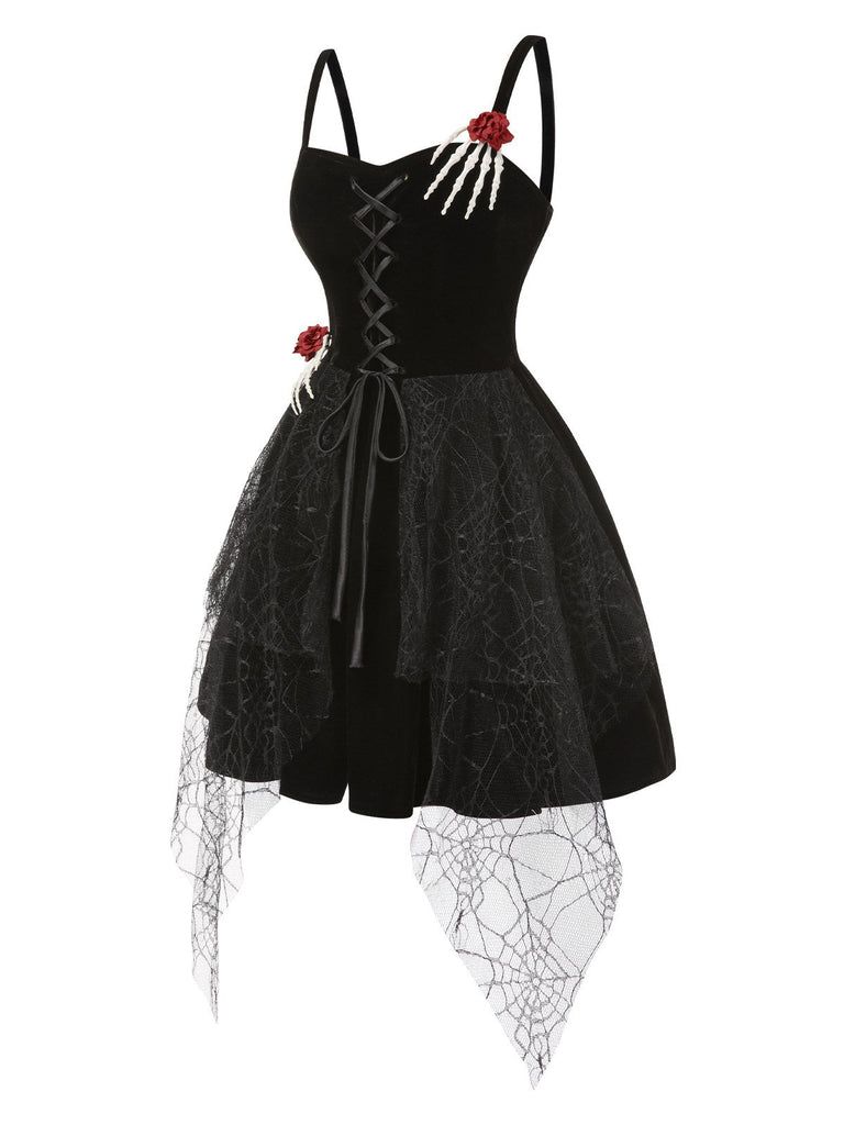 Schwarz 1950er Halloween Skeletthand Spinnennetz Rose Kleid
