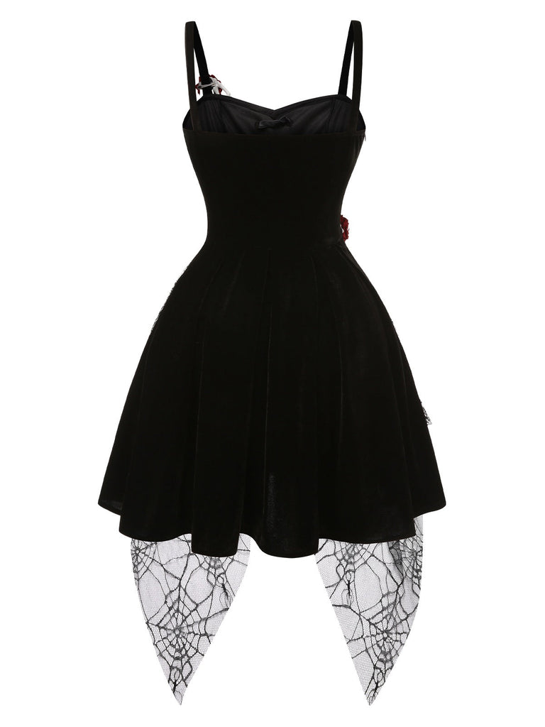Schwarz 1950er Halloween Skeletthand Spinnennetz Rose Kleid