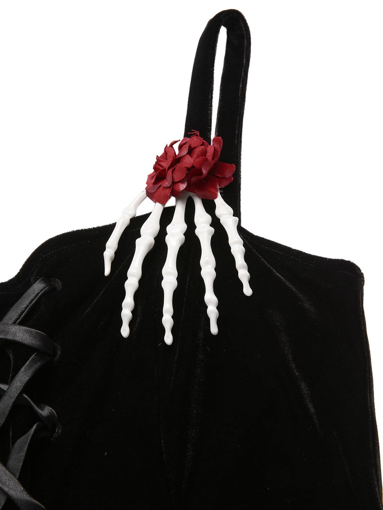 Schwarz 1950er Halloween Skeletthand Spinnennetz Rose Kleid
