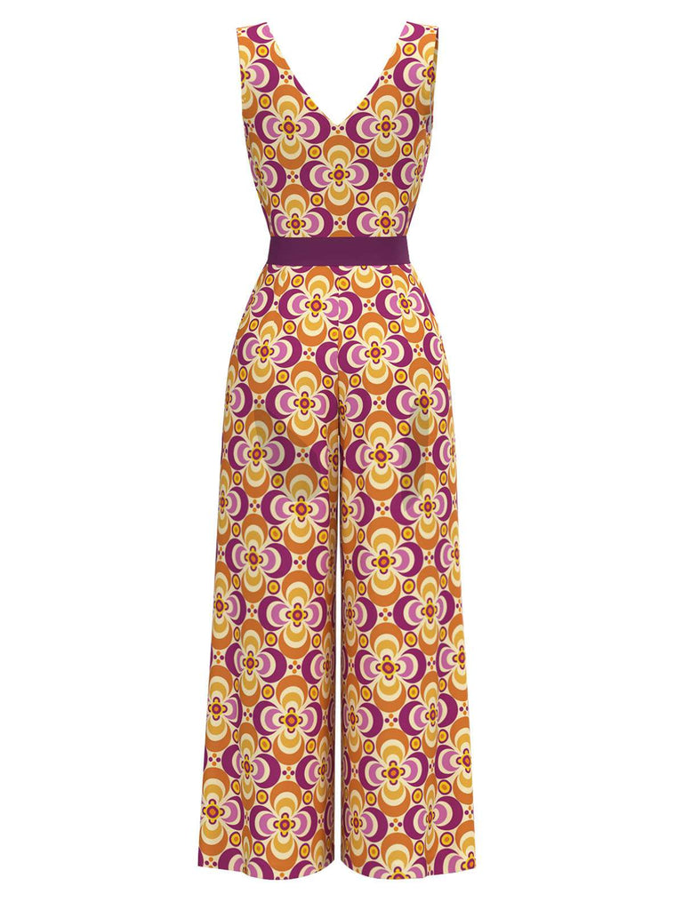 Orange 1960er V-Ausschnitt Gürtel Blumen Jumpsuit