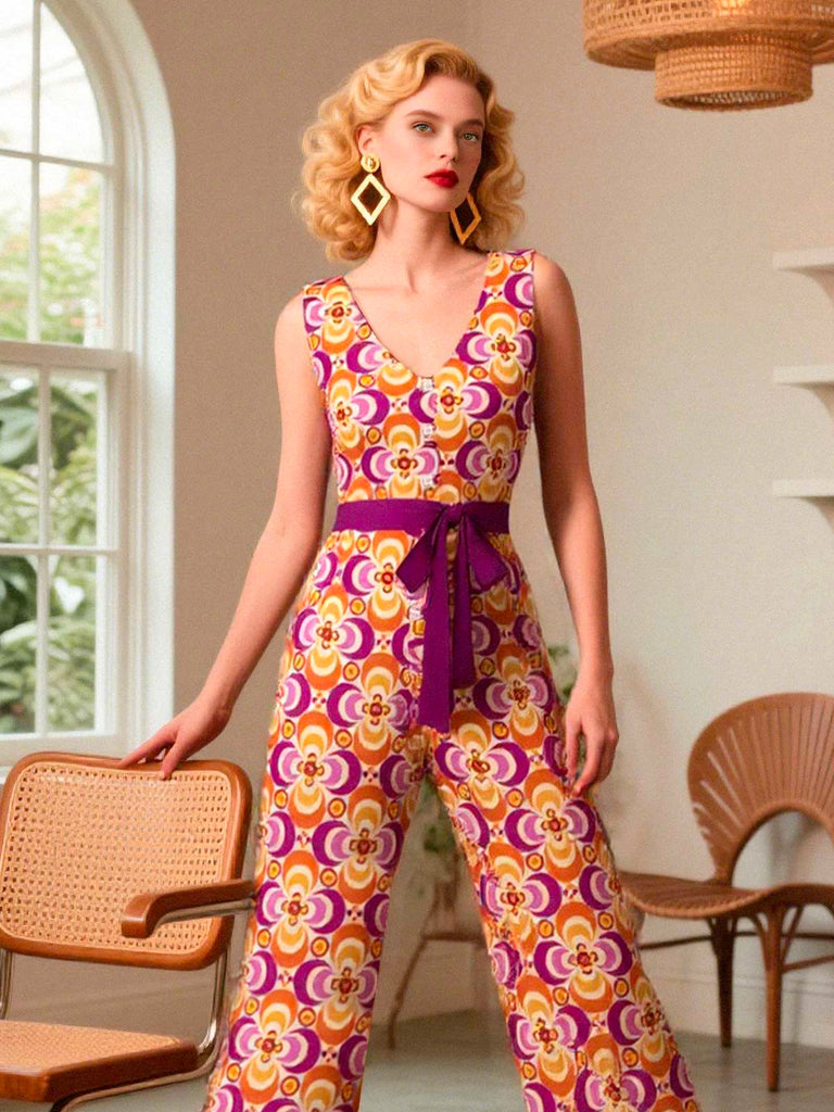 Orange 1960er V-Ausschnitt Gürtel Blumen Jumpsuit
