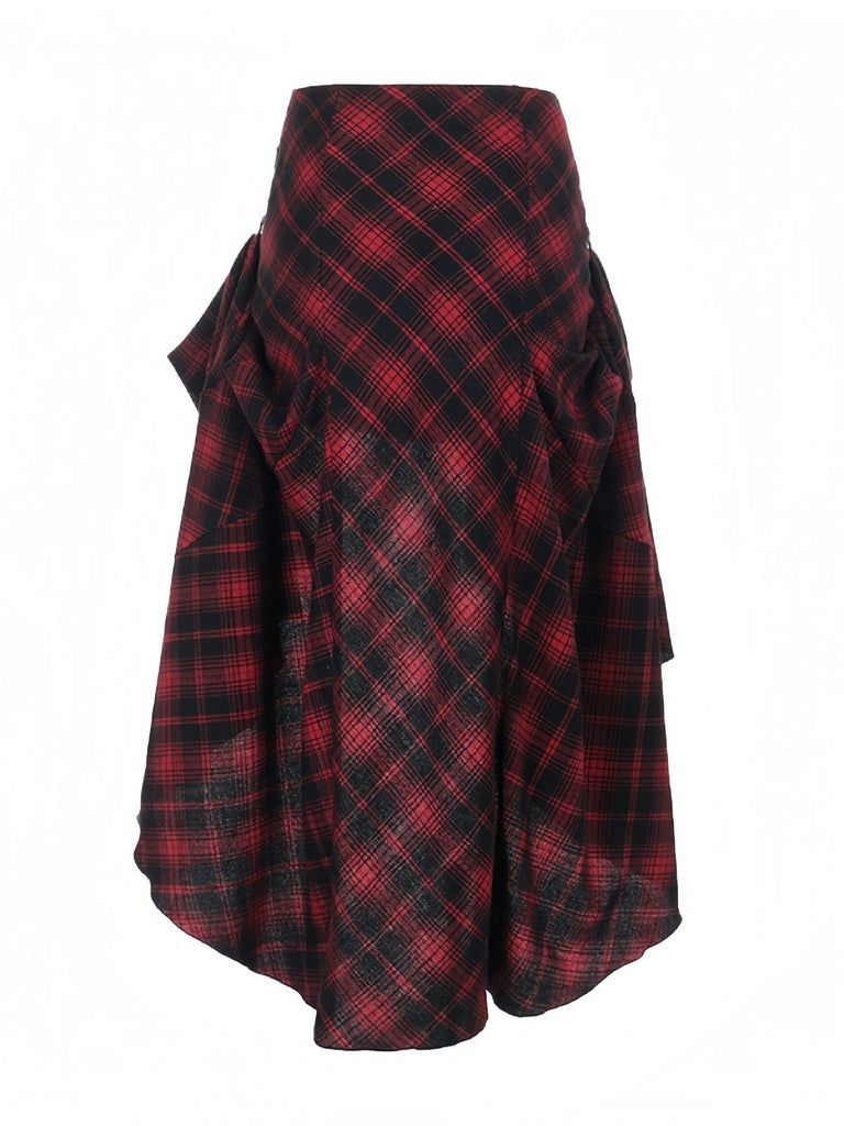 2PCS Rot 1980er Plaid Gesmokt Top & Hoch-Tief Saum Rock