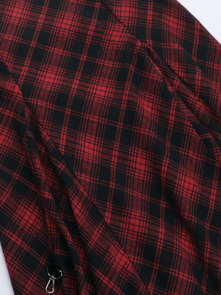 2PCS Rot 1980er Plaid Gesmokt Top & Hoch-Tief Saum Rock