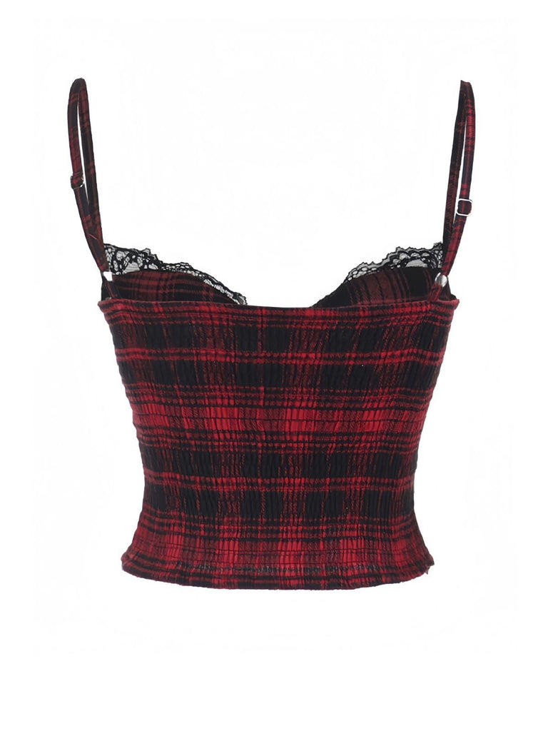 Rot 1970er Punk Plaid Spitze & Leder Gesmokt Top