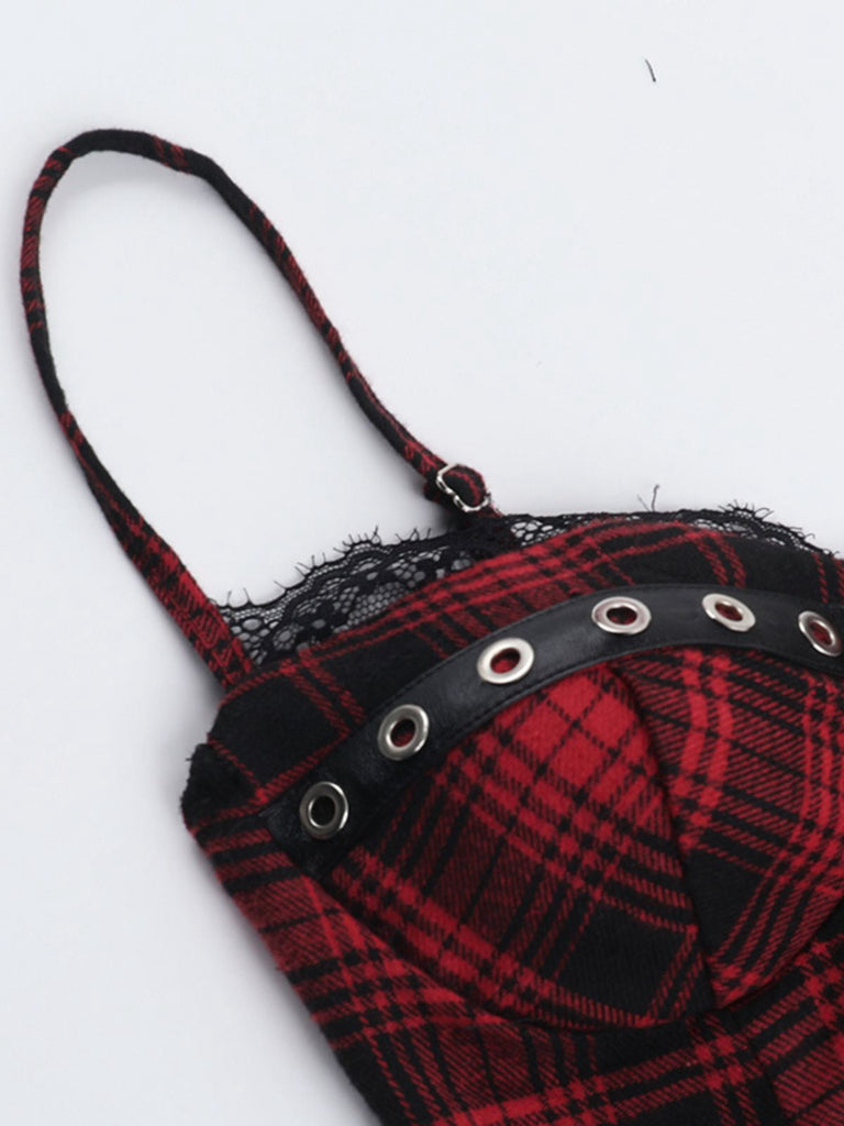 Rot 1970er Punk Plaid Spitze & Leder Gesmokt Top