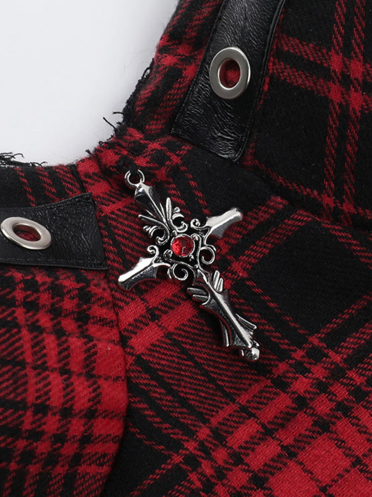 Rot 1970er Punk Plaid Spitze & Leder Gesmokt Top