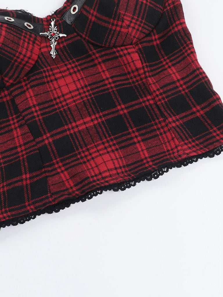 Rot 1970er Punk Plaid Spitze & Leder Gesmokt Top