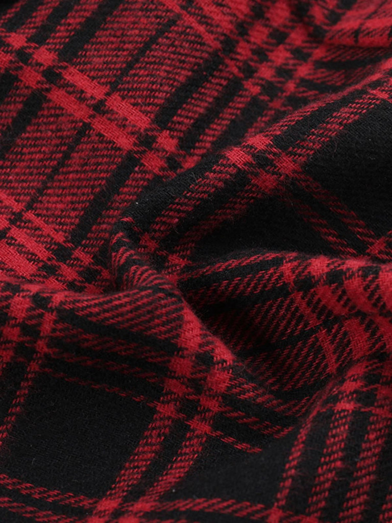 2PCS Rot 1980er Plaid Gesmokt Top & Hoch-Tief Saum Rock