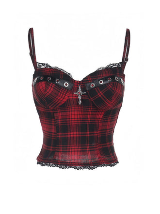 Rot 1970er Punk Plaid Spitze & Leder Gesmokt Top