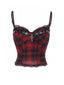 Rot 1970er Punk Plaid Spitze & Leder Gesmokt Top