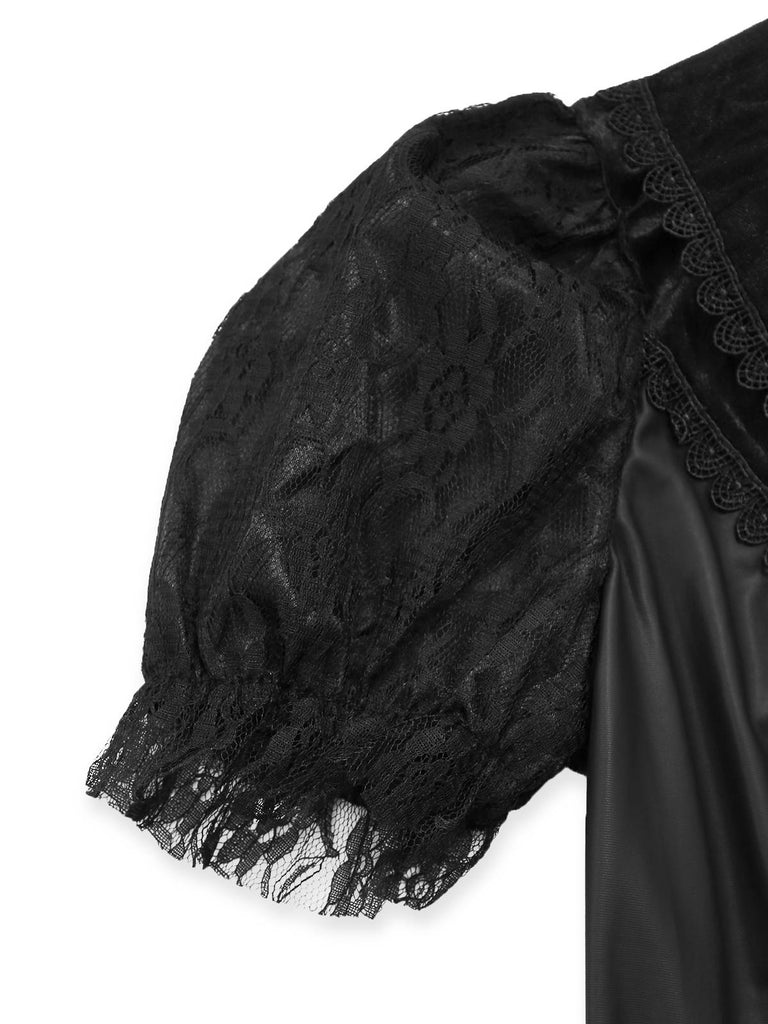 Schwarz 1950er Halloween Teuflisch Vampir Puffärmel Netz Kleid