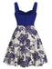 [Übergröße] Blau 1950er Blumen Tasten Herzförmiger Hals Kleid