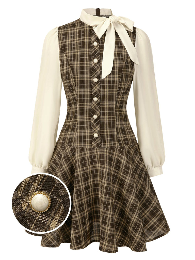 Braun 1960er Plaid Bogen Tie Taste Swing Kleid