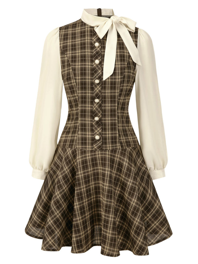 Braun 1960er Plaid Bogen Tie Taste Swing Kleid