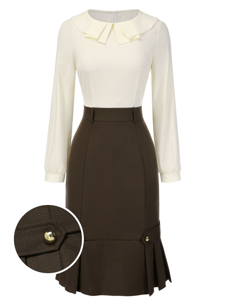 Braun 1960er Kontrast Langarm Bleistift Kleid