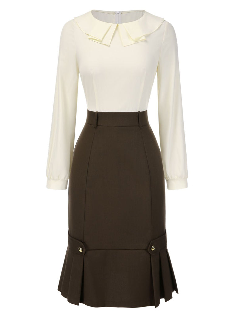 Braun 1960er Kontrast Langarm Bleistift Kleid