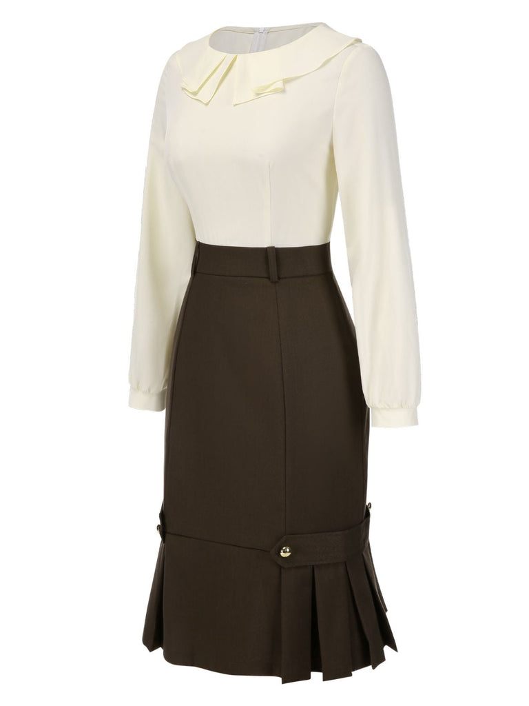 Braun 1960er Kontrast Langarm Bleistift Kleid