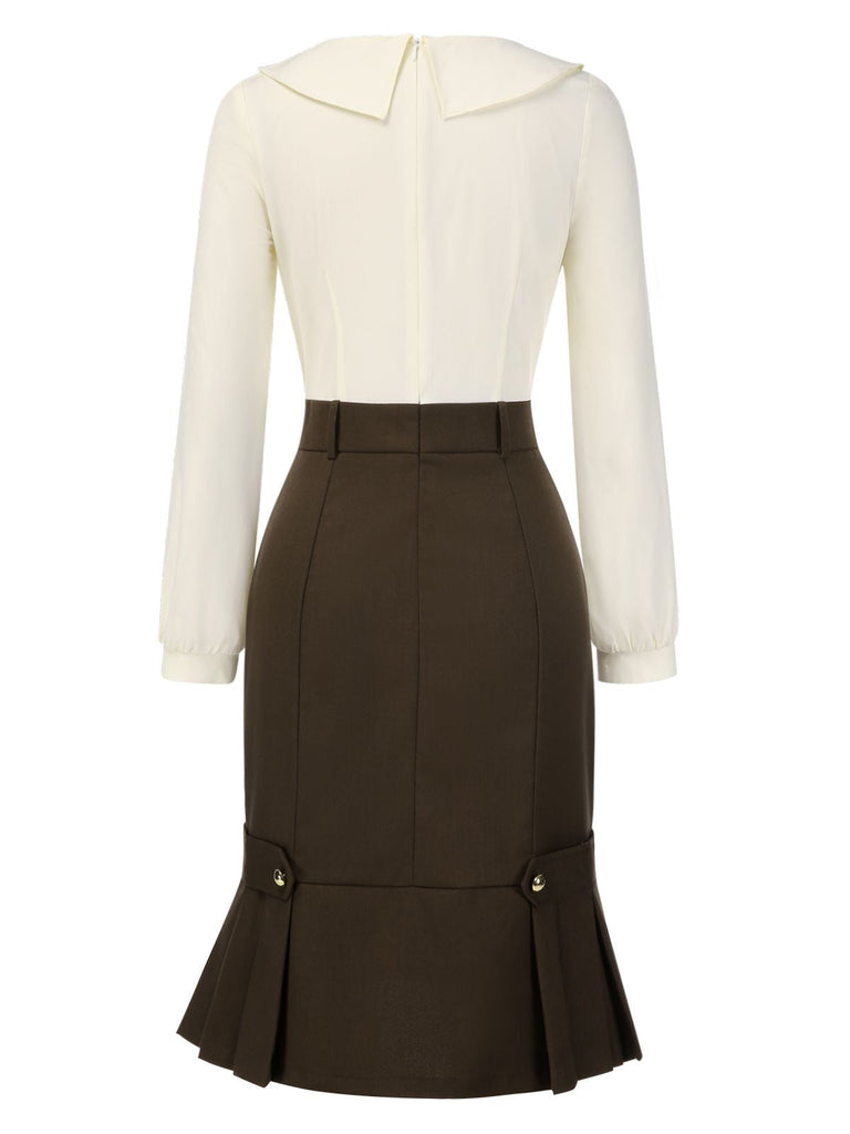 Braun 1960er Kontrast Langarm Bleistift Kleid