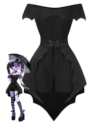 2PCS Schwarz 1950er Gothic Schläger Romper & Cover-Up