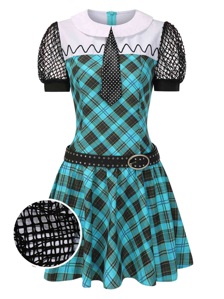 Blau 1970er Plaid Peter Pan Kragen Frankie Stein Kleid