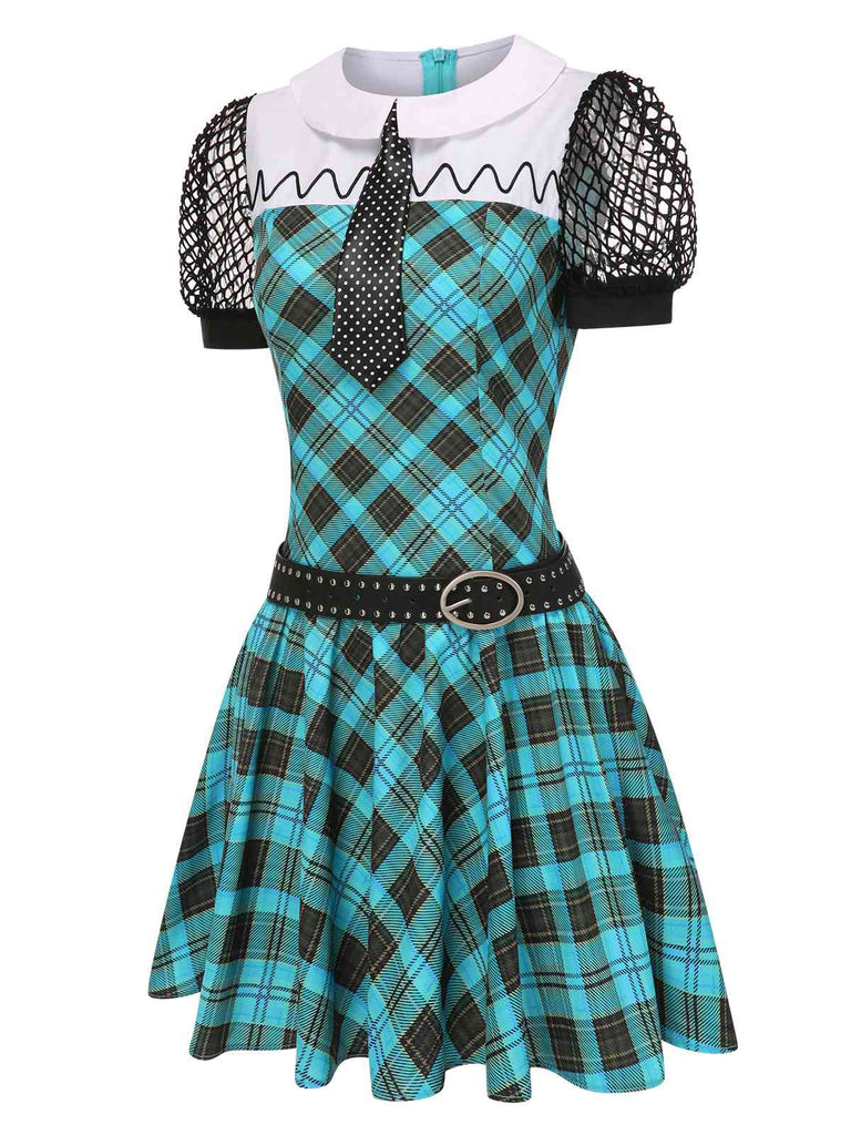 Blau 1970er Plaid Peter Pan Kragen Frankie Stein Kleid