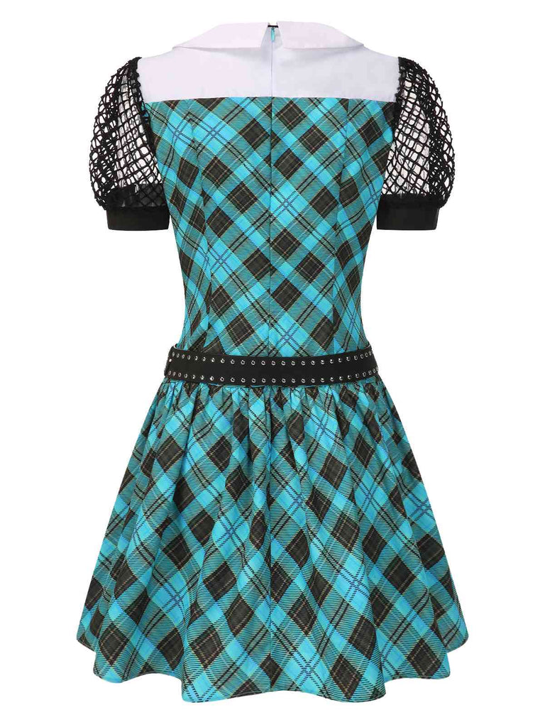 Blau 1970er Plaid Peter Pan Kragen Frankie Stein Kleid