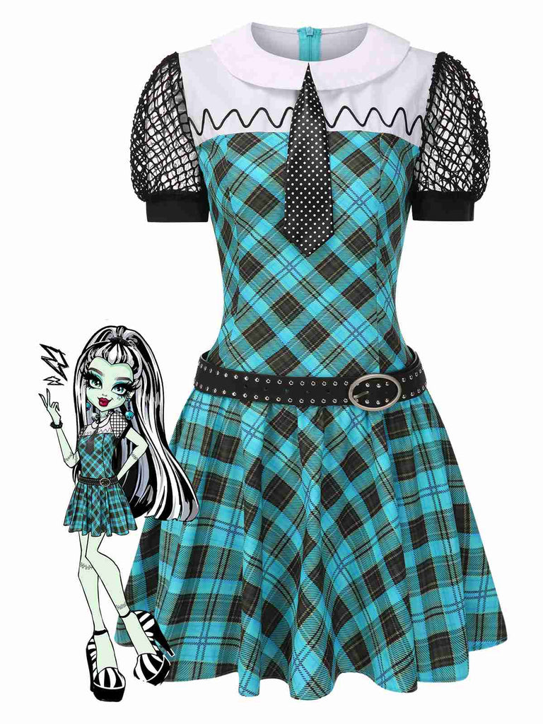 Blau 1970er Plaid Peter Pan Kragen Frankie Stein Kleid