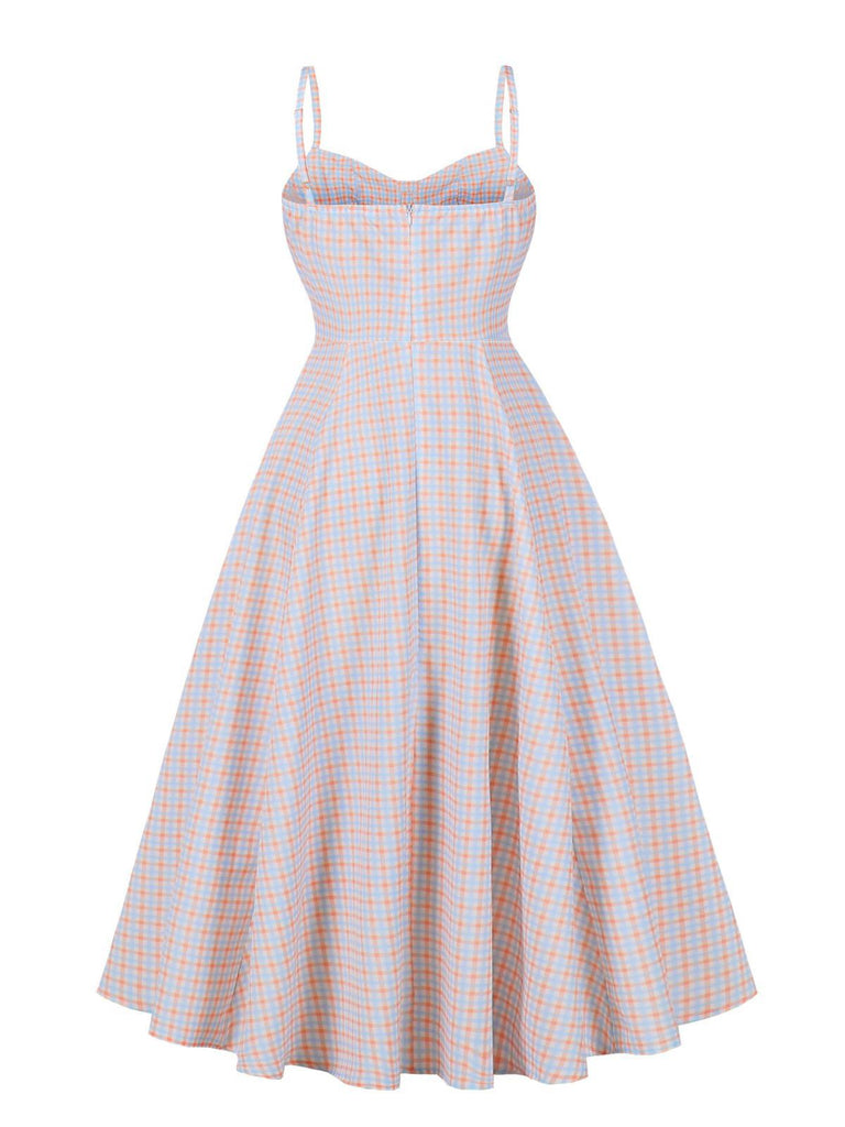 Weiß 1950er Gingham Plaid Spaghetti Träger Kleid