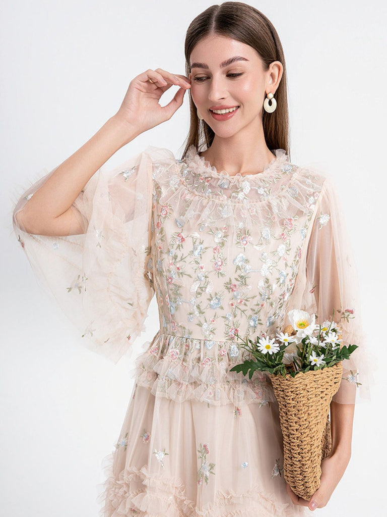 Beige 1930er Blumen Stickerei Illusion Netz Rüschen Kleid