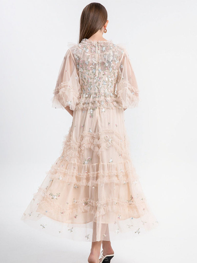 Beige 1930er Blumen Stickerei Illusion Netz Rüschen Kleid