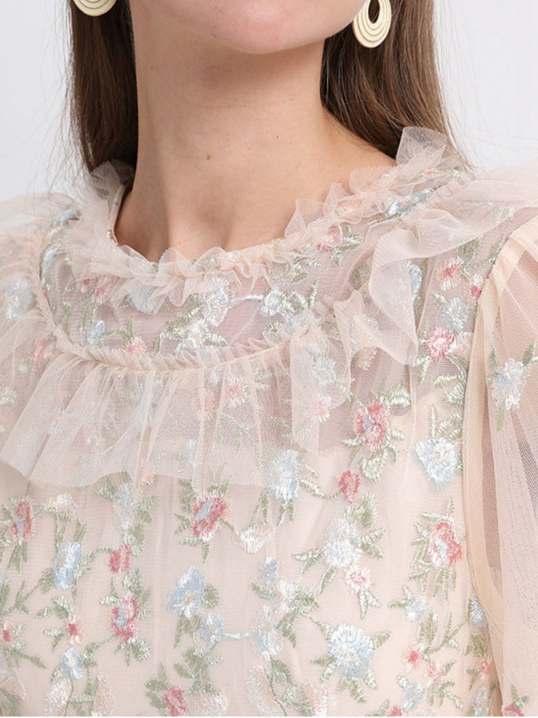 Beige 1930er Blumen Stickerei Illusion Netz Rüschen Kleid