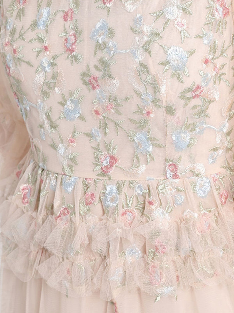 Beige 1930er Blumen Stickerei Illusion Netz Rüschen Kleid