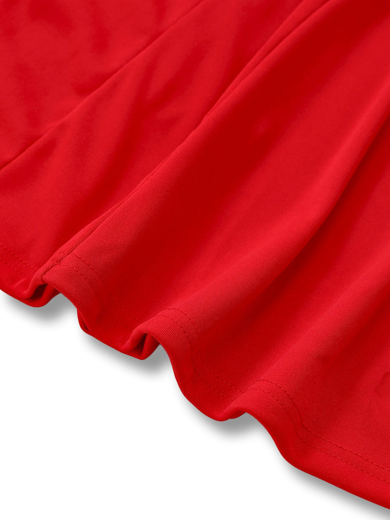 1950er Solide Quadratischer Hals Breiter Gurt Gerüschtes Kleid