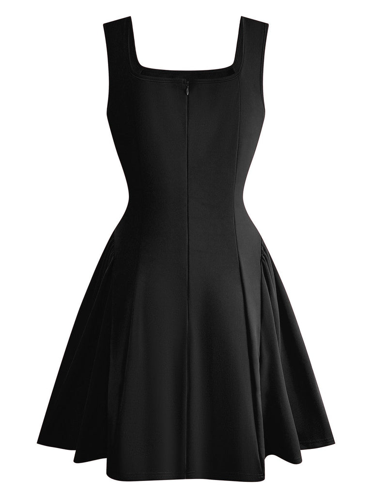 1950er Solide Quadratischer Hals Breiter Gurt Gerüschtes Kleid