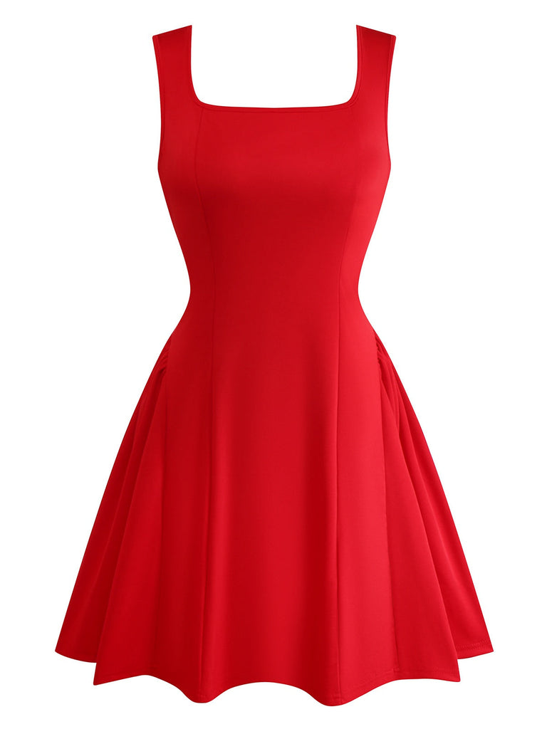 1950er Solide Quadratischer Hals Breiter Gurt Gerüschtes Kleid