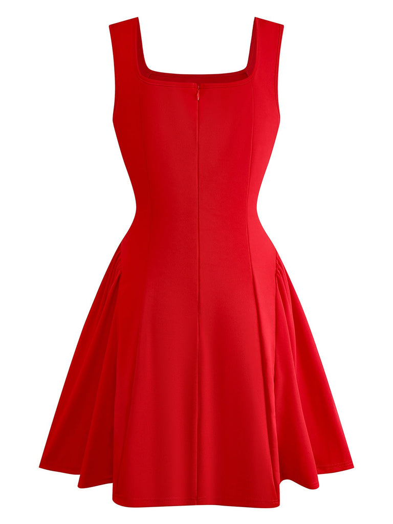 1950er Solide Quadratischer Hals Breiter Gurt Gerüschtes Kleid