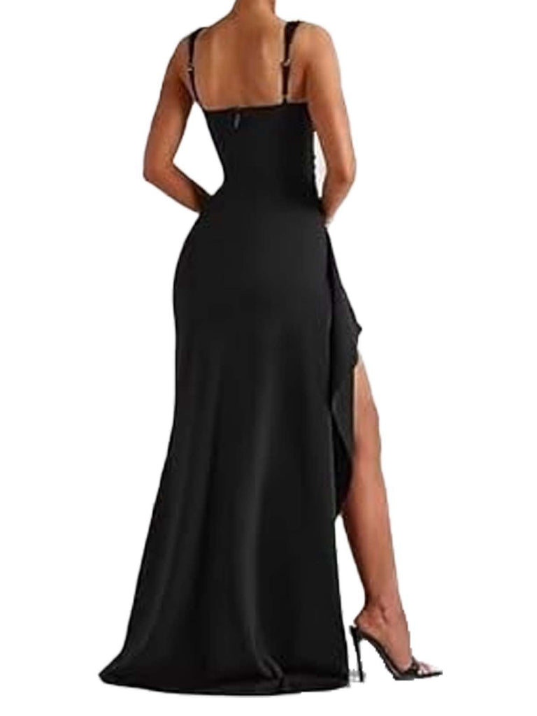 1930er Solide Hoher Split Quadratischer Hals Enges Kleid