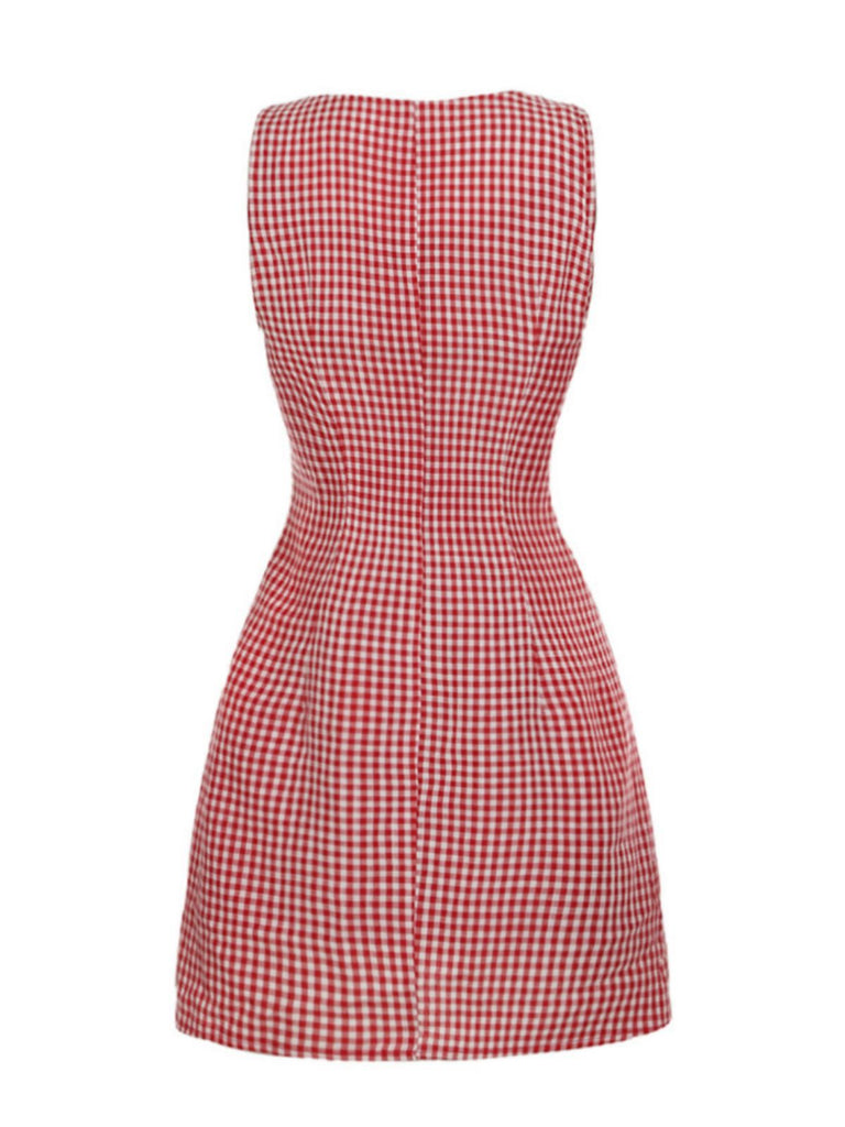 Rot 1960er Gingham Plaid Taste Ärmellos Kleid