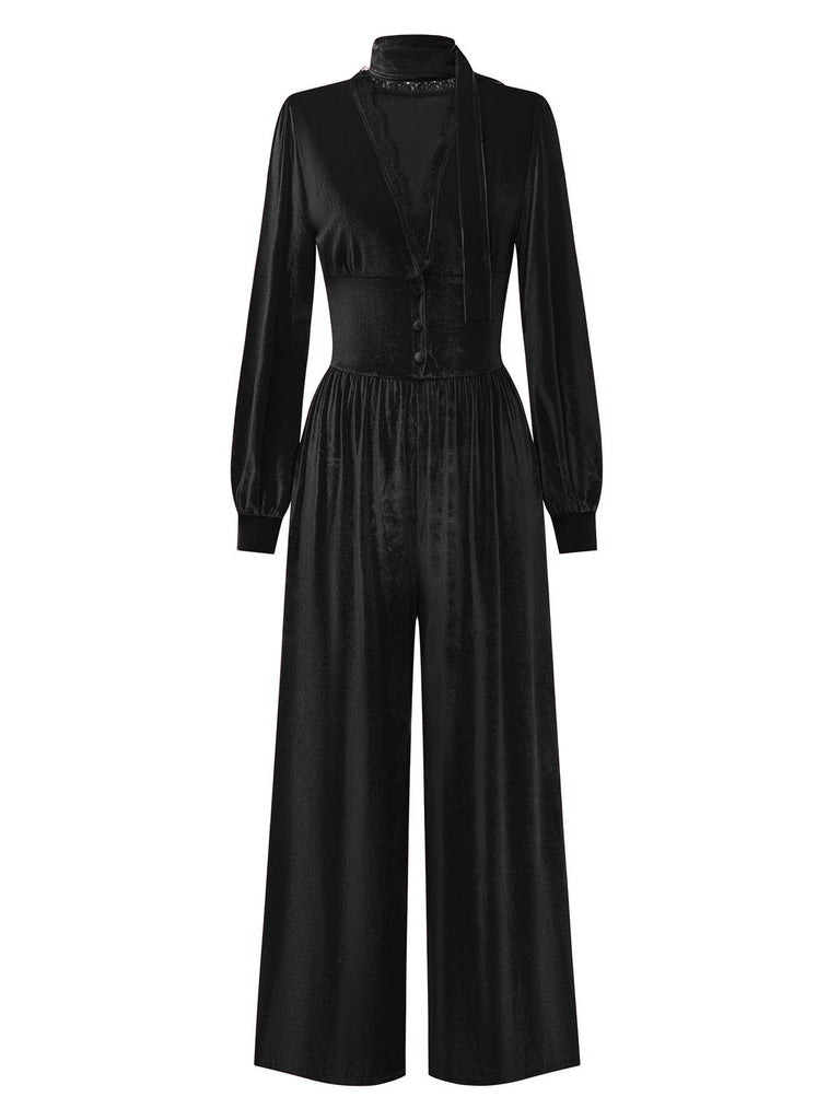 1950er Solide Schlüsselloch Hoher Hals Samt Jumpsuit